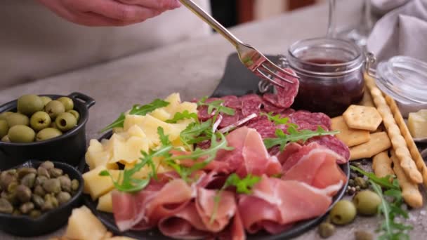 Meat Cheese Plater Domestic Kitchen Woman Pricks Slice Fuet Sausage — Stock videók