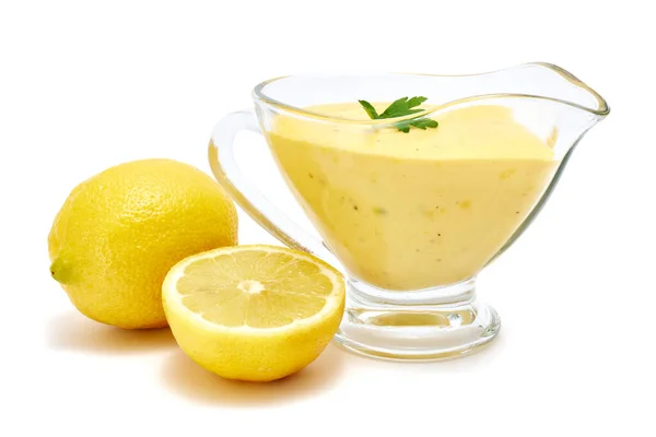 Tasty Yellow Hollandaise Sauce Glass Bowl Gravy Boat Isolated White — Stok fotoğraf