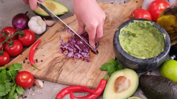Making Guacamole Sauce Woman Chopping Red Mars Onion Wooden Cutting — Wideo stockowe