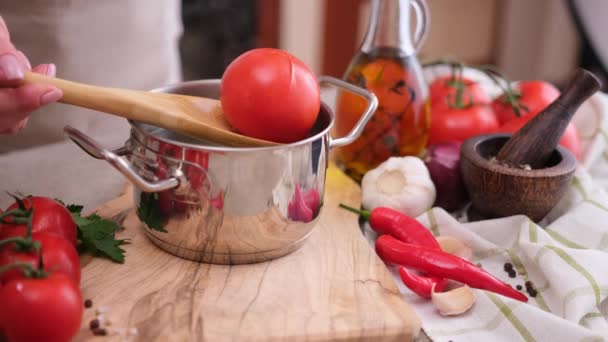 Woman Puts Tomato Pot Hot Boiling Water Blanching — Stok video
