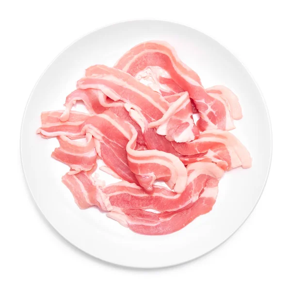 Bacon Strips Ceramic Plate Isolated White Background — Stock Photo, Image