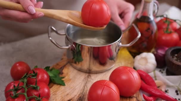 Woman Blanching Tomato Pot Hot Boiling Water — Wideo stockowe