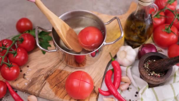 Woman Blanching Tomato Pot Hot Boiling Water — Vídeos de Stock