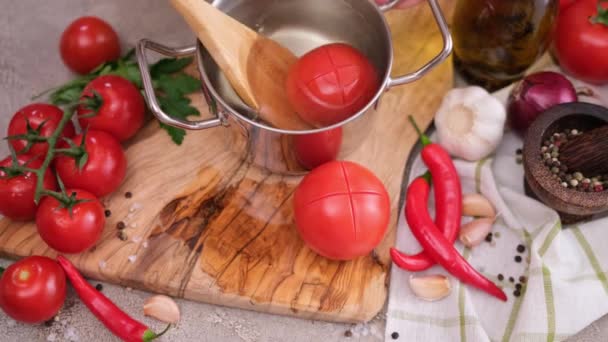 Woman Blanching Tomato Pot Hot Boiling Water — Vídeo de stock
