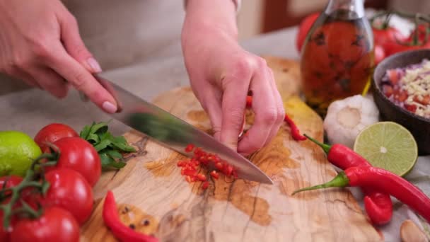 Woman Hands Slicing Chopping Chili Pepper Domestic Kitchen — Video