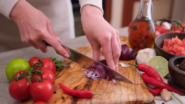 Woman Chopping Red Onion Wooden Board Domestic Kitchen — Stockvideo