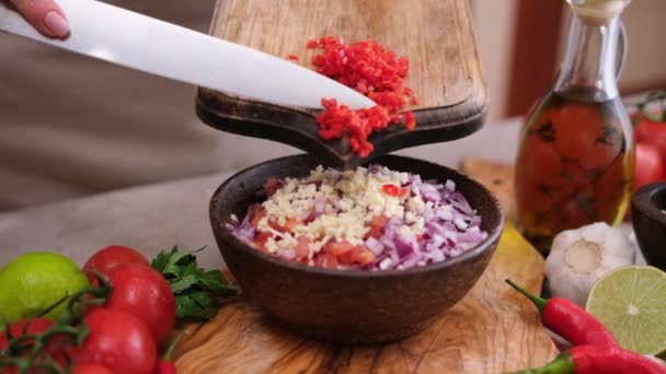 Cooking Salsa Dip Sauce Woman Pours Chopped Sliced Chili Pepper — Video