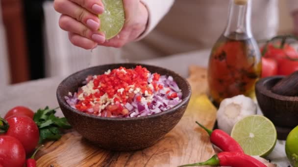 Cooking Salsa Dip Sauce Woman Squeezing Fresh Lime Juice Wooden — Stock Video