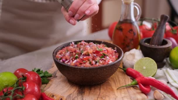 Woman Adding Pepper Spices Salsa Dip Sauce Wooden Bowl Domestic — Video