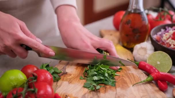 Woman Cutting Chopping Cilantro Parsley Greens Wooden Board — Wideo stockowe