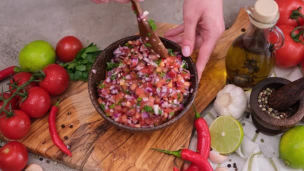 Slow Motion Shot Woman Mixing Salsa Dip Sauce Ingredients Wooden — 图库视频影像