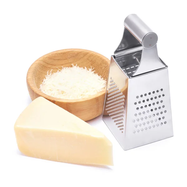 Piece Parmesan Cheese Grated Cheese Wooden Bowl Grater Isolated White — 스톡 사진