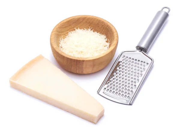 Piece Parmesan Cheese Knife Grated Cheese Wooden Bowl Isolated White — 스톡 사진