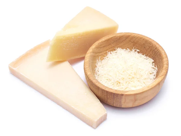 Piece Parmesan Cheese Wooden Bowl Grated Cheese Isolated White Background — 스톡 사진