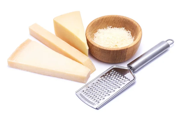 Piece Parmesan Cheese Knife Grated Cheese Wooden Bowl Isolated White — 스톡 사진
