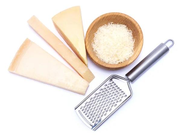 Piece Parmesan Cheese Knife Grated Cheese Wooden Bowl Isolated White — 스톡 사진