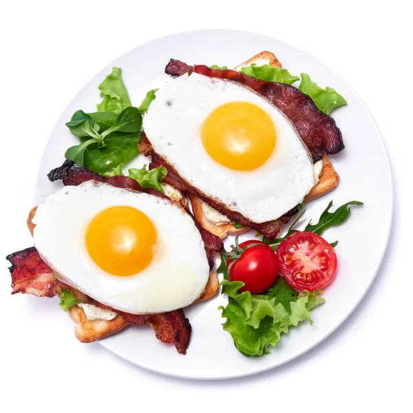 French Toasts Fried Eggs Cream Cheese Salad Bacon — Stok fotoğraf