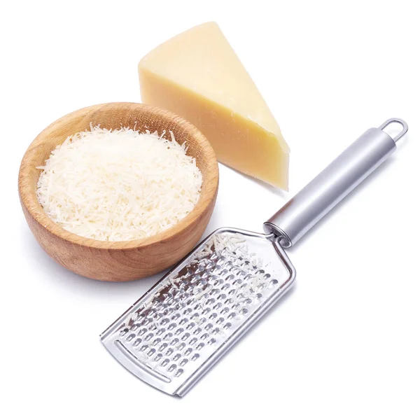 Grated Parmesan Cheese Wooden Bowl Grater Isolated White Background — Fotografia de Stock