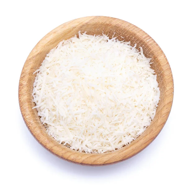 Grated Parmesan Cheese Wooden Bowl Isolated White Background — Stock Photo, Image