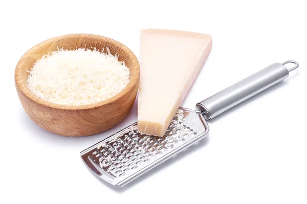 Grated Parmesan Cheese Wooden Bowl Grater Isolated White Background — Fotografie, imagine de stoc