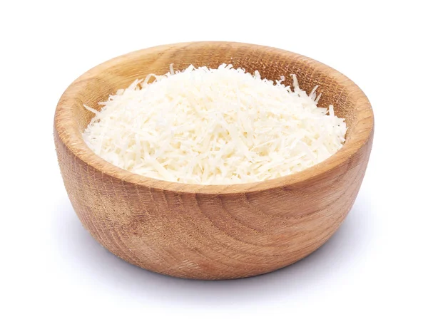 Grated Parmesan Cheese Wooden Bowl Isolated White Background — Stock Photo, Image