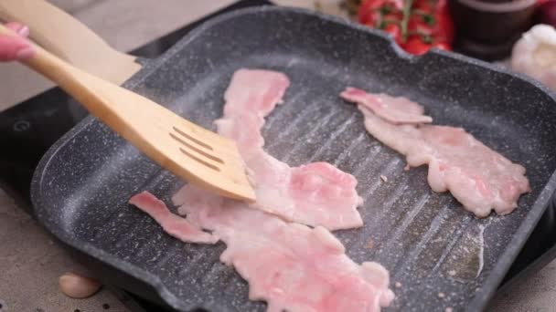 Cooking Pieces Flavorful Sliced Organic Bacon Fried Grill Pan — Video