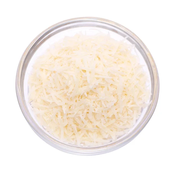 Grated Parmesan Cheese Glass Bowl Isolated White Background — Stock Photo, Image