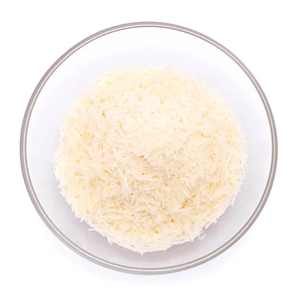 Grated Parmesan Cheese Glass Bowl Isolated White Background — Stock Photo, Image
