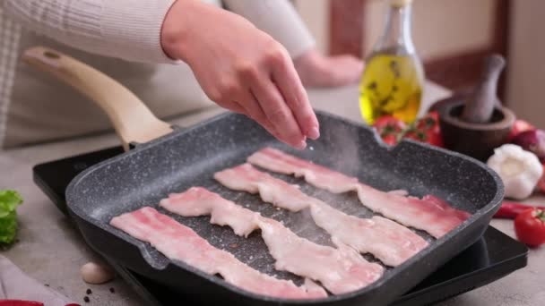 Cooking Pieces Flavorful Sliced Organic Bacon Fried Grill Pan — Video Stock