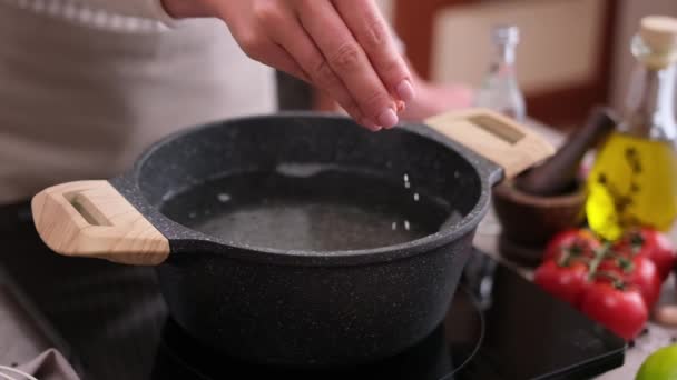 Woman Adding Salt Boiling Water Pot Induction Hob Domestic Kitchen — Vídeo de Stock