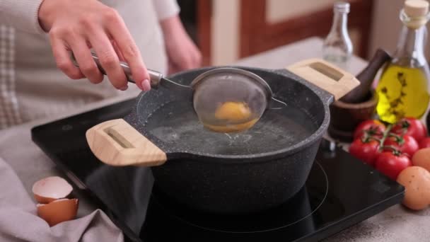 Poached Egg Woman Puts Pot Hot Boiling Water — Stockvideo