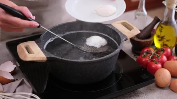 Home Cooking Poached Egg Pot Boiling Water — Vídeo de stock