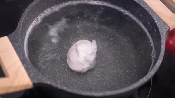 Home Cooking Poached Egg Pot Boiling Water — Stockvideo