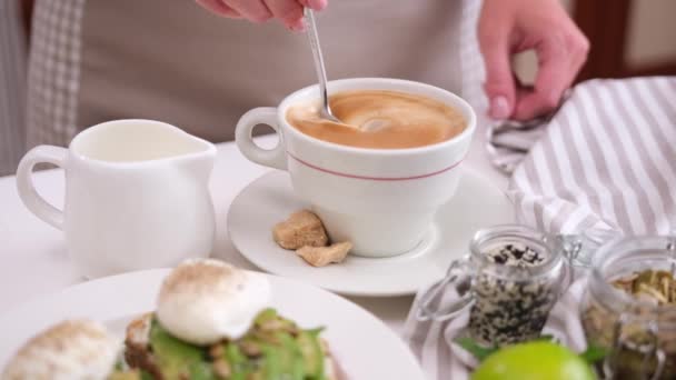 Healthy Breakfast Woman Stirs Cream Coffee Cup Spoon — Stock video