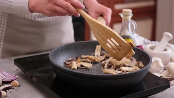 Sliced Chopped Champignon Mushrooms Frying Pan — Stok video