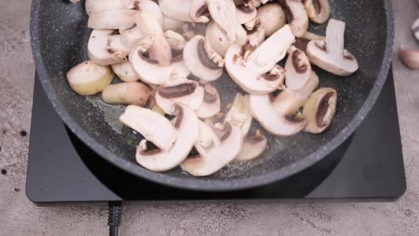 Sliced Chopped Champignon Mushrooms Frying Pan — Stock video