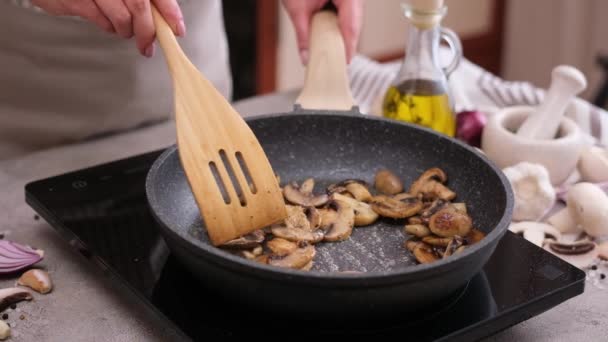 Sliced Chopped Champignon Mushrooms Frying Pan — стоковое видео