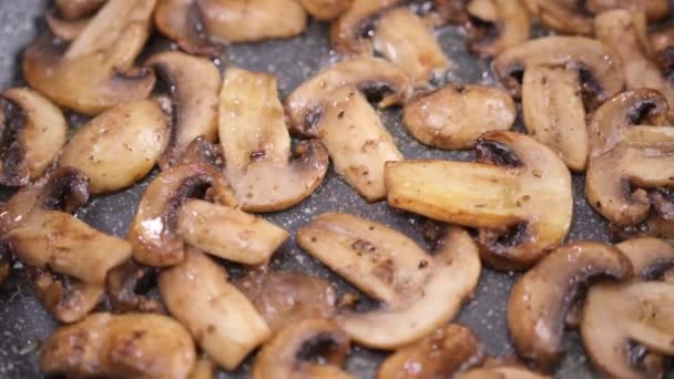 Sliced Chopped Champignon Mushrooms Frying Pan — Stockvideo