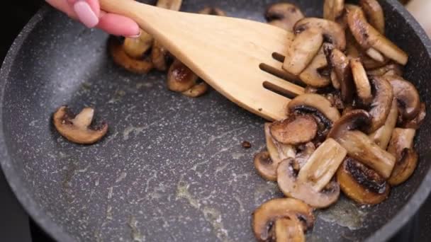 Sliced Chopped Champignon Mushrooms Frying Pan — Vídeos de Stock