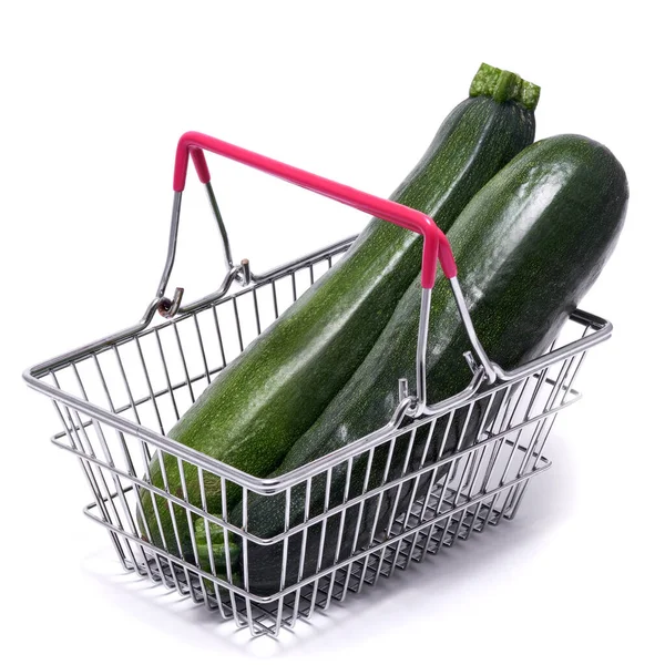 Green Natural Organic Zucchini Vegetable Shopping Basket Isolated White Background — Zdjęcie stockowe