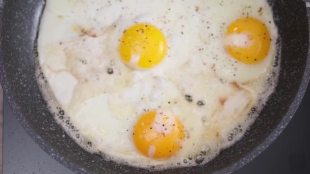 Closeup Shot Cooking Fried Eggs Non Stick Pan — 图库视频影像