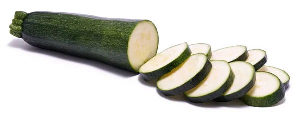 Skivad Cirklar Grön Naturlig Ekologisk Zucchini Grönsaker Isolerad Vit Bakgrund — Stockfoto