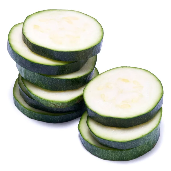 Skivad Zucchini Cirklar Isolerade Vit Bakgrund — Stockfoto