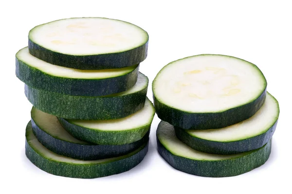 Skivad Zucchini Cirklar Isolerade Vit Bakgrund — Stockfoto