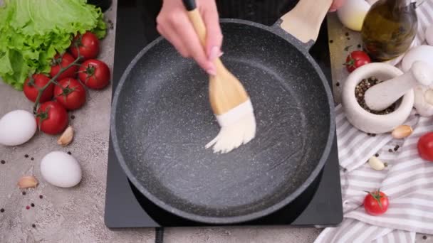 Woman Spreading Butter Hot Frying Pan Silicone Brush — Video Stock