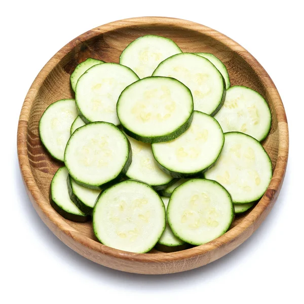 Skivad Zucchini Cirklar Trä Skål Isolerad Vit Bakgrund — Stockfoto