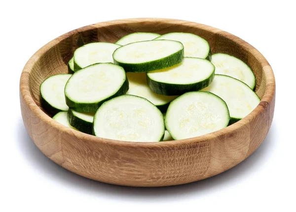 Skivad Zucchini Cirklar Trä Skål Isolerad Vit Bakgrund — Stockfoto