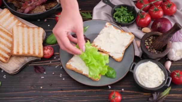 Femme Mettant Salade Sur Pain Grillé Fromage Crème Faisant Sandwich — Video