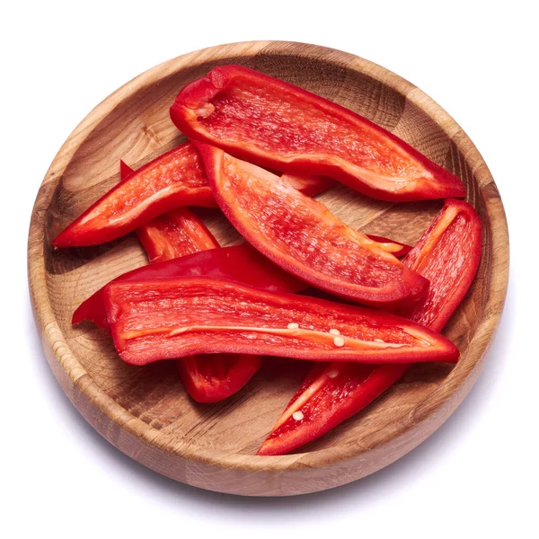 Sliced Red Pepper Wooden Bowl Isolated White Background — Stock Photo, Image