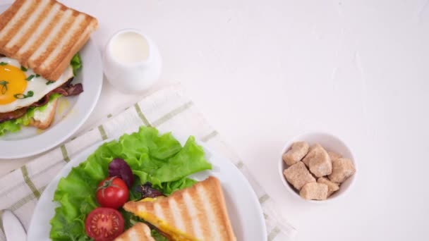 Tasty Breakfast Woman Puts Cup Fresh Hot Espresso Coffee Table — Stock Video